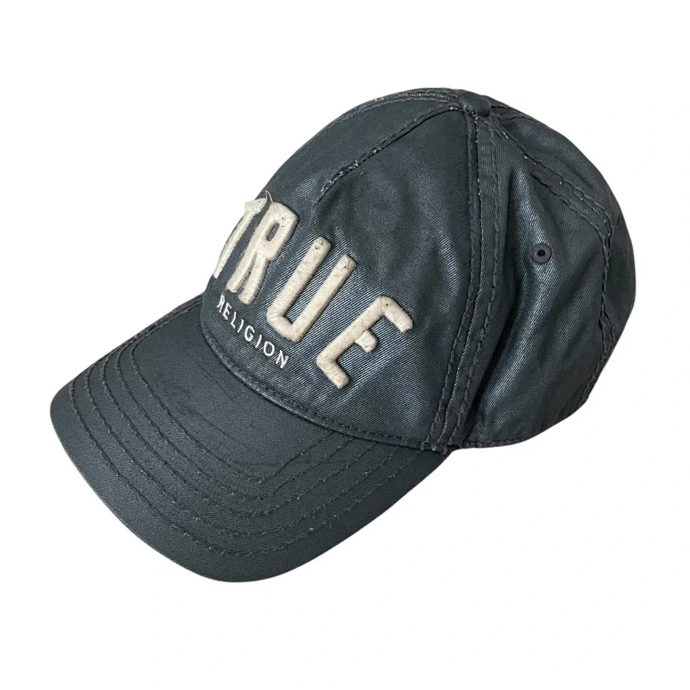 True Religion Men's Adjustable Leather Strapback Distressed Thick Stitch Hat Cap